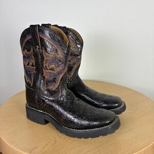 Double H Crackle Embroidered Western Boot Women's 8.5 Cowgirl Cowboy Boho Retro